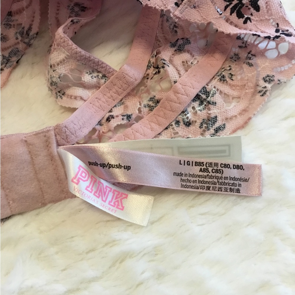 Pink Victoria’s Secret Pink/Black Lace Padded Push Up Bralette Sz.L - Picture 6 of 8